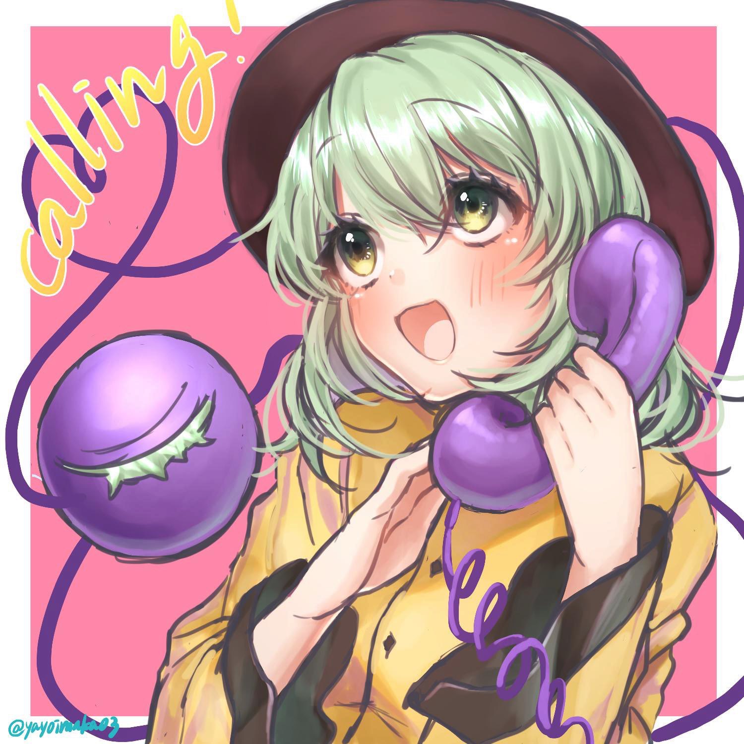 1girl :d artist_name bangs black_headwear blush border commentary_request english_text eyebrows_visible_through_hair green_eyes green_hair hair_between_eyes hands_up heart heart_of_string highres holding holding_phone komeiji_koishi long_sleeves looking_up open_mouth outside_border phone pink_background shirt short_hair simple_background smile solo third_eye touhou twitter_username upper_body white_border wide_sleeves yayoimaka03 yellow_shirt