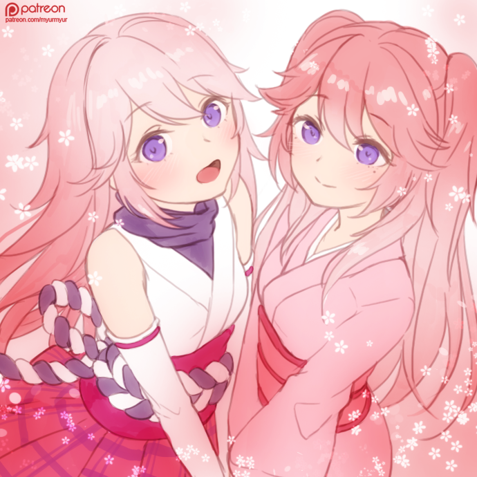 2girls animal_ears artist_name blush fox_ears hair_between_eyes hair_flaps honkai_(series) honkai_impact_3 japanese_clothes kimono long_hair looking_at_viewer multiple_girls myurumyuru nontraditional_miko open_mouth patreon_logo patreon_username pink_hair pink_kimono siblings sisters violet_eyes watermark web_address yae_rin yae_sakura younger