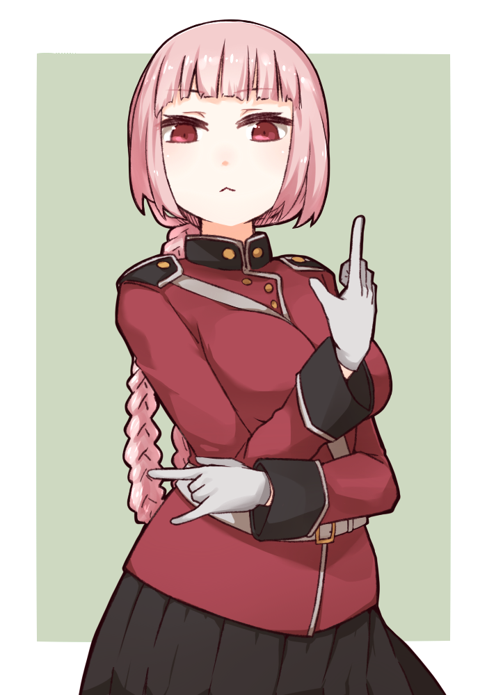 1girl :&lt; \m/ belt between_breasts black_skirt braid breasts fate/grand_order fate_(series) florence_nightingale_(fate/grand_order) gloves i.u.y jojo_no_kimyou_na_bouken jojo_pose kakyouin_noriaki large_breasts looking_at_viewer military military_uniform pink_hair pointing pose red_eyes red_skirt simple_background skirt solo stardust_crusaders strap_between_breasts uniform white_gloves