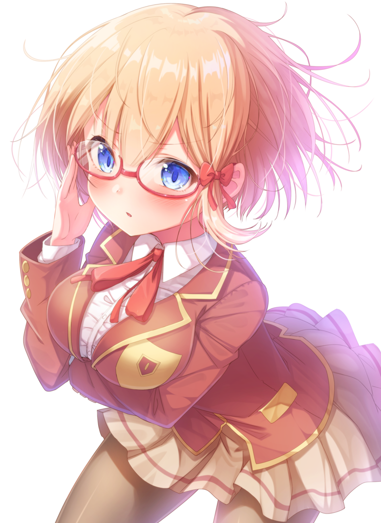 1girl adjusting_eyewear arm_under_breasts bangs blazer blonde_hair blue_eyes blush bokutachi_wa_benkyou_ga_dekinai bow breast_hold breasts brown_jacket brown_legwear brown_skirt collared_shirt commentary_request dress_shirt eyebrows_visible_through_hair glasses hair_between_eyes hair_bow hand_up jacket light_brown_hair looking_at_viewer matokechi medium_breasts ogata_rizu pantyhose parted_lips pleated_skirt red-framed_eyewear red_bow red_neckwear semi-rimless_eyewear shirt short_hair simple_background skirt solo standing under-rim_eyewear white_background white_shirt