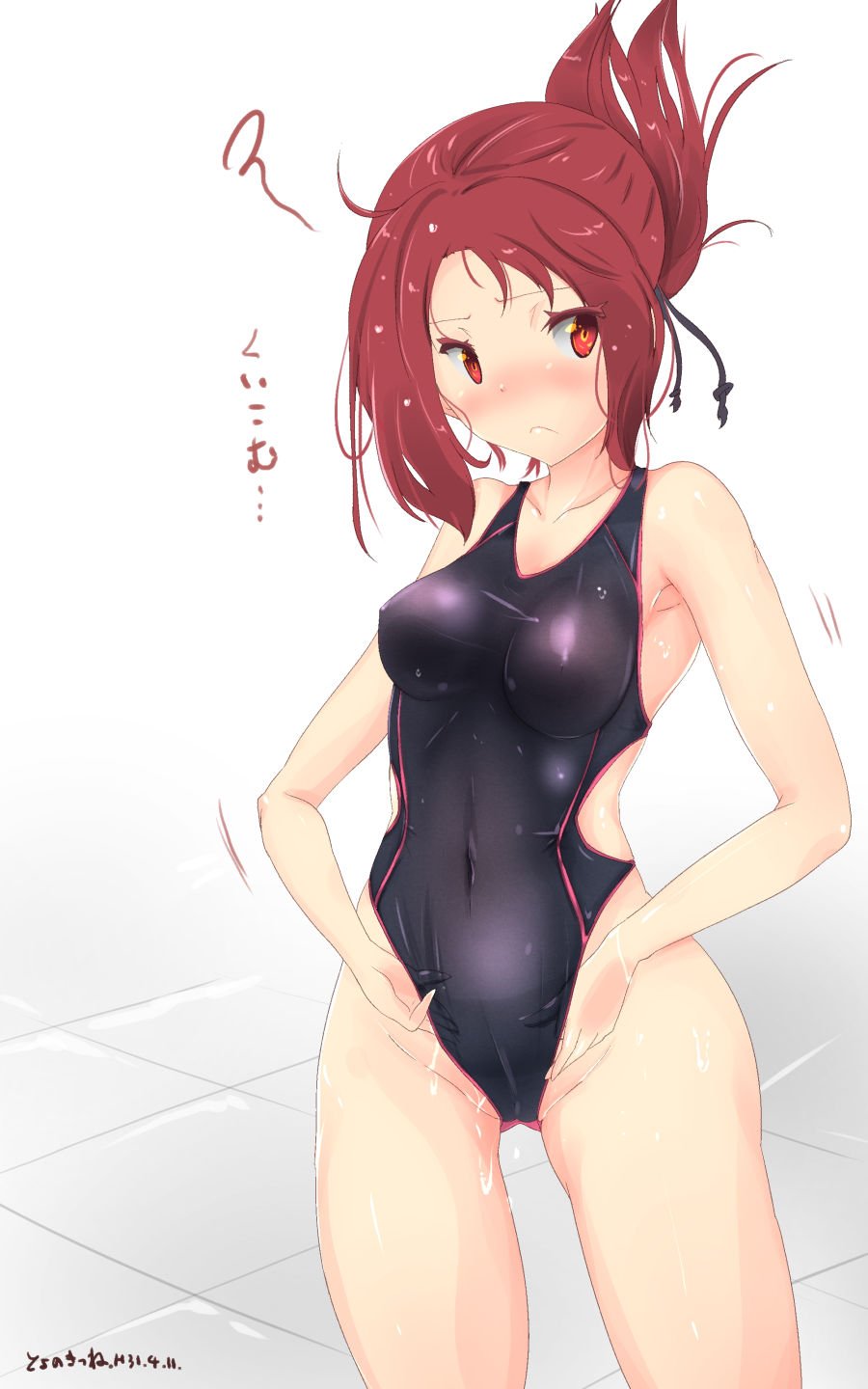 1girl adjusting_clothes adjusting_swimsuit artist_name black_swimsuit blush breasts collarbone commentary_request competition_swimsuit covered_navel cowboy_shot frown hair_tie highres kemurikusa long_hair looking_at_viewer one-piece_swimsuit ponytail red_eyes redhead rin_(kemurikusa) small_breasts solo squiggle standing swimsuit toyono_kitsune white_background