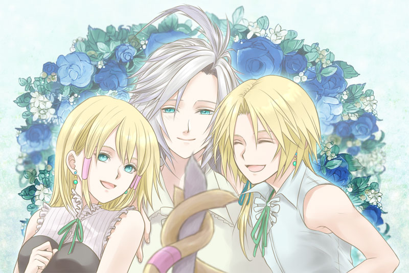 1girl blonde_hair closed_mouth commentary_request dress earrings final_fantasy final_fantasy_ix flower green_eyes ironeden_noel jewelry kuja long_hair mikoto_(ff9) multiple_boys open_mouth ponytail short_hair smile tail zidane_tribal