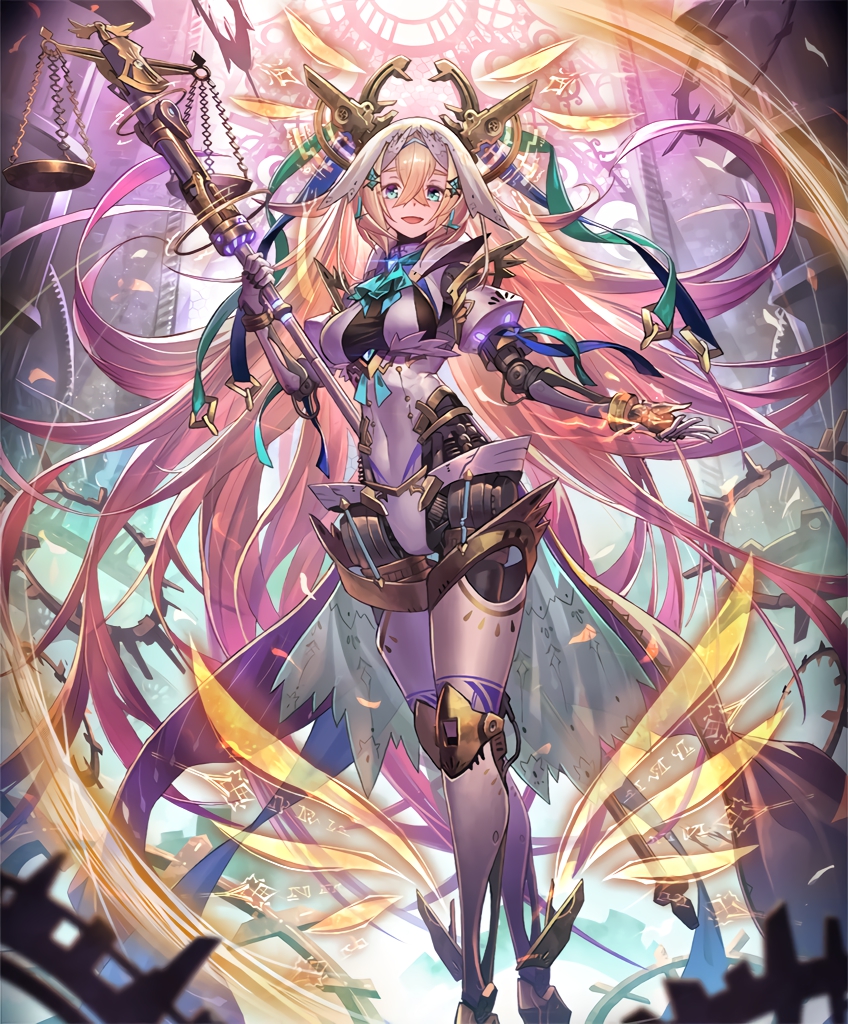 1girl android ankle_wings artist_request blonde_hair blue_eyes crossed_legs cygames energy_wings eyebrows_visible_through_hair full_body gradient_hair holding holding_staff legs_crossed limonia_flawed_saint long_hair looking_at_viewer mechanical_halo multicolored_hair official_art open_mouth petals purple_hair robot_joints shadowverse smile solo staff veil very_long_hair waist_cape watson_cross weighing_scale
