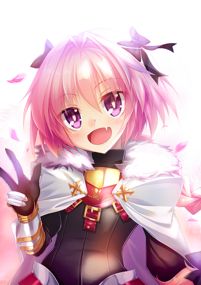 1boy :d akaashigame astolfo_(fate) bangs black_bow bow cape commentary_request dot_nose eyebrows_visible_through_hair fang fate/grand_order fate_(series) fur_collar gauntlets hair_between_eyes hair_bow hair_intakes highres leaf long_hair looking_at_viewer male_focus open_mouth pink_hair simple_background smile solo trap upper_body violet_eyes white_background