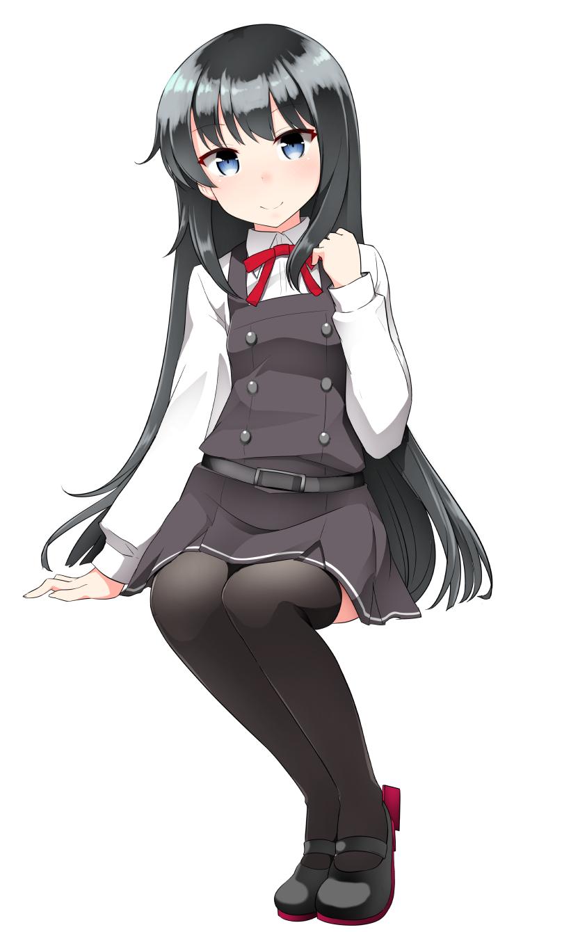 1girl asashio_(kantai_collection) belt black_hair black_legwear blue_eyes commentary_request disconnected_mouth dress highres invisible_chair kantai_collection kirigakure_(kirigakure_tantei_jimusho) long_hair long_sleeves looking_at_viewer neck_ribbon pantyhose pinafore_dress red_ribbon ribbon shirt simple_background sitting smile solo thigh-highs white_background white_shirt