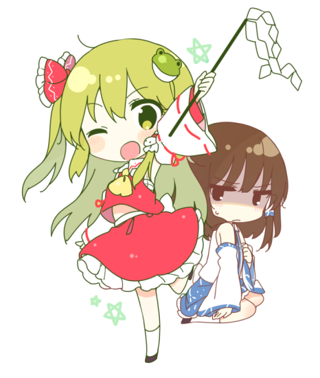 2girls ;o arm_up ascot bangs bare_shoulders black_eyes black_footwear black_hair blue_skirt chibi commentary_request cosplay costume_switch detached_sleeves eyebrows_visible_through_hair frog_hair_ornament gohei green_eyes green_hair hair_between_eyes hair_ornament hair_tubes hakurei_reimu hakurei_reimu_(cosplay) holding jitome kneehighs kochiya_sanae kochiya_sanae_(cosplay) long_hair long_sleeves looking_at_viewer midriff_peek multiple_girls one_eye_closed one_side_up open_mouth pentagram petticoat red_skirt ribbon-trimmed_sleeves ribbon_trim sarashi seiza shide shinoba shirt shoes sidelocks simple_background sitting skirt skirt_set snake_hair_ornament standing standing_on_one_leg touhou very_long_hair white_background white_legwear white_shirt wide_sleeves yellow_neckwear