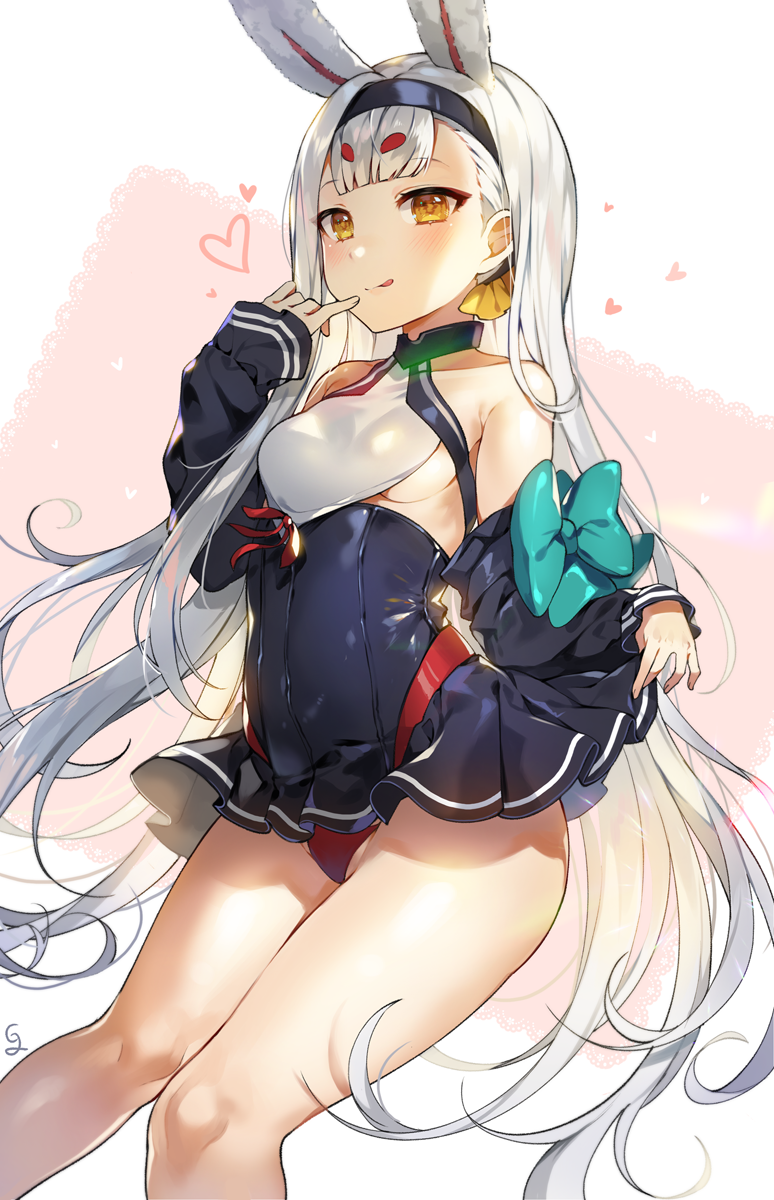 1girl :q animal_ears azur_lane bare_shoulders breasts covered_navel detached_sleeves dress dress_lift dutch_angle eyebrows_visible_through_hair eyeliner finger_to_mouth gijang hairband halter_top halterneck heart highres hikimayu lifted_by_self long_hair long_sleeves makeup panties pinky_out pleated_dress rabbit_ears red_panties shimakaze_(azur_lane) short_dress sideboob small_breasts solo tongue tongue_out underbust underwear very_long_hair white_hair yellow_eyes