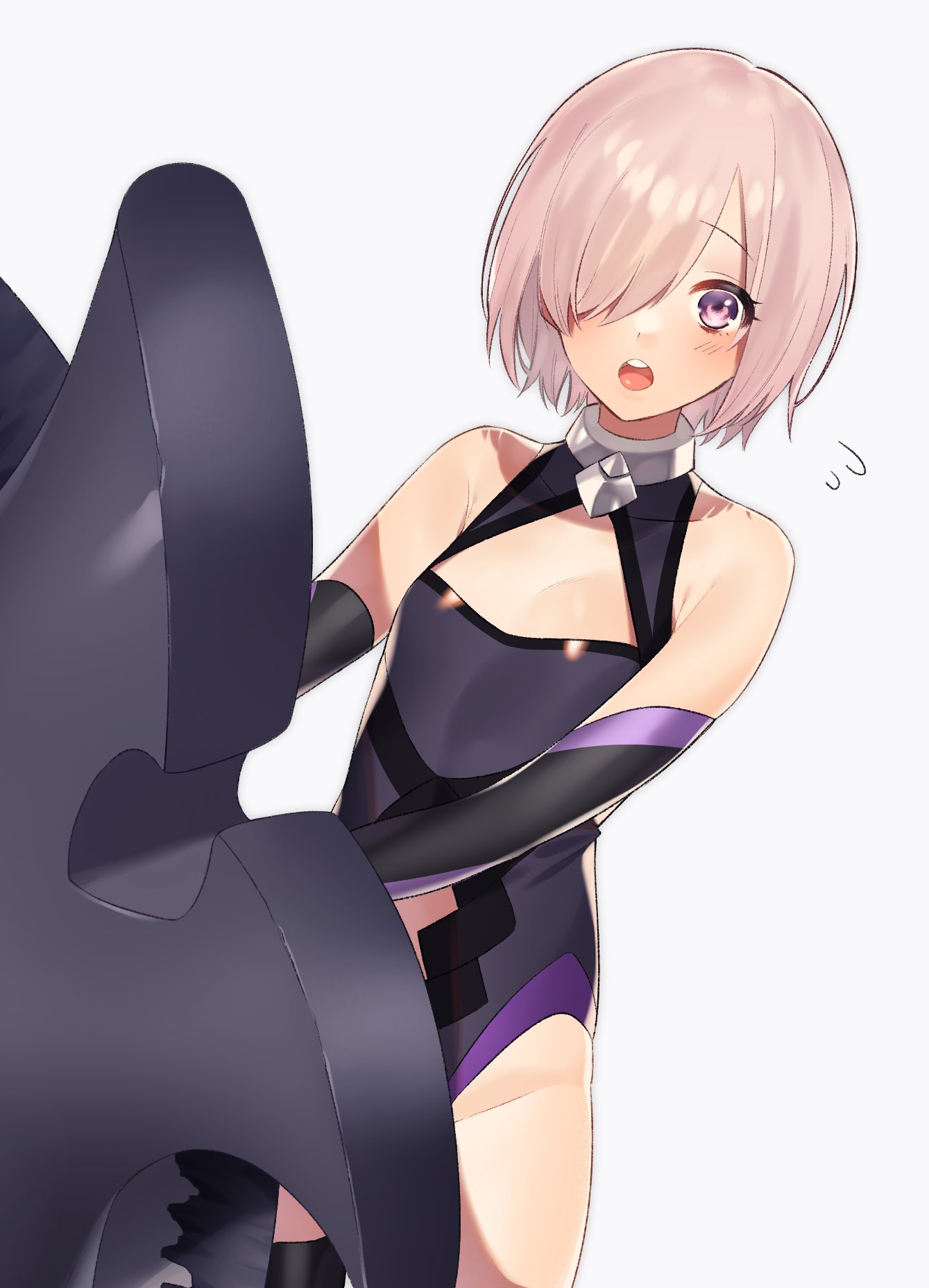 1girl alternate_costume black_legwear blush breasts commentary_request dot_nose elbow_gloves eyebrows_visible_through_hair fate/grand_order fate_(series) gloves hair_over_one_eye highres holding holding_shield lavender_hair looking_at_viewer mash_kyrielight purple_hair shield short_hair simple_background sino42 small_breasts solo standing thigh-highs upper_teeth violet_eyes white_background