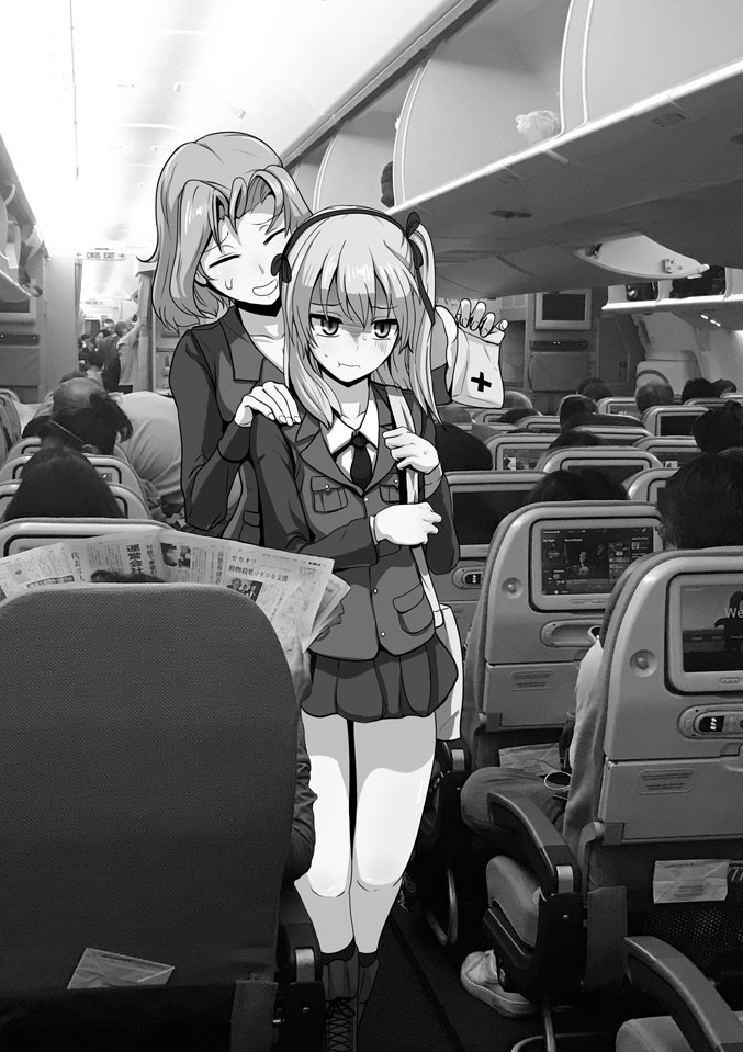 2girls :t azumi_(girls_und_panzer) bag bangs boots carrying closed_eyes commentary_request cross-laced_footwear dress_shirt eyebrows_visible_through_hair frown girls_und_panzer gloom_(expression) greyscale hair_ribbon hand_on_another's_shoulder holding jacket lace-up_boots long_hair long_sleeves medium_hair military military_uniform miniskirt monochrome multiple_girls necktie open_mouth parted_bangs photo_background plane_interior pleated_skirt pout ribbon satchel selection_university_military_uniform shimada_arisu shirt side_ponytail skirt smile standing sweatdrop uniform wing_collar yaruku