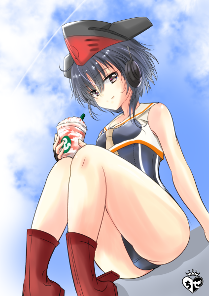 1girl artist_logo asymmetrical_hair black_gloves black_hair black_swimsuit blue_sky boots brown_eyes chize clouds commentary_request cup day disposable_cup framed_breasts frappuccino gloves hair_between_eyes hat headphones i-13_(kantai_collection) kantai_collection looking_at_viewer outdoors partly_fingerless_gloves red_footwear sailor_collar school_swimsuit short_hair single_glove sitting sky solo swimsuit tsurime tumbler