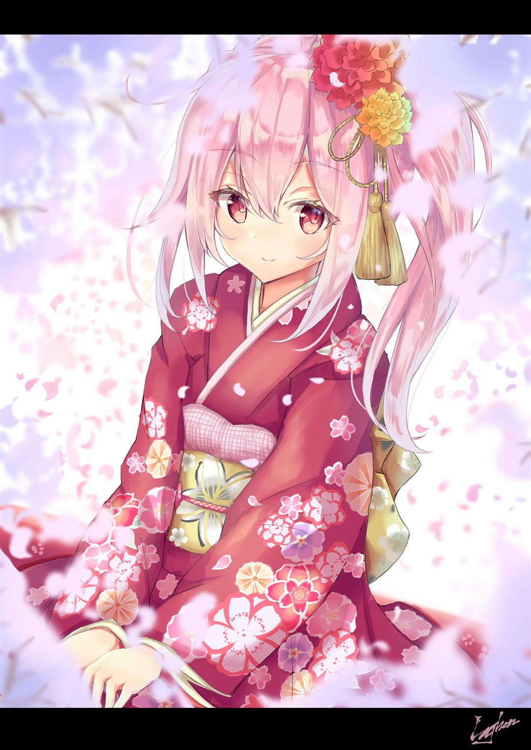 1girl alternate_costume bangs cherry_blossoms commentary_request eyebrows_visible_through_hair floral_print flower hair_between_eyes hair_flower hair_ornament harusame_(kantai_collection) highres japanese_clothes kantai_collection kimono lajhen2651 letterboxed long_sleeves looking_at_viewer obi pink_eyes pink_hair sash side_ponytail sidelocks signature sitting smile solo wariza wide_sleeves