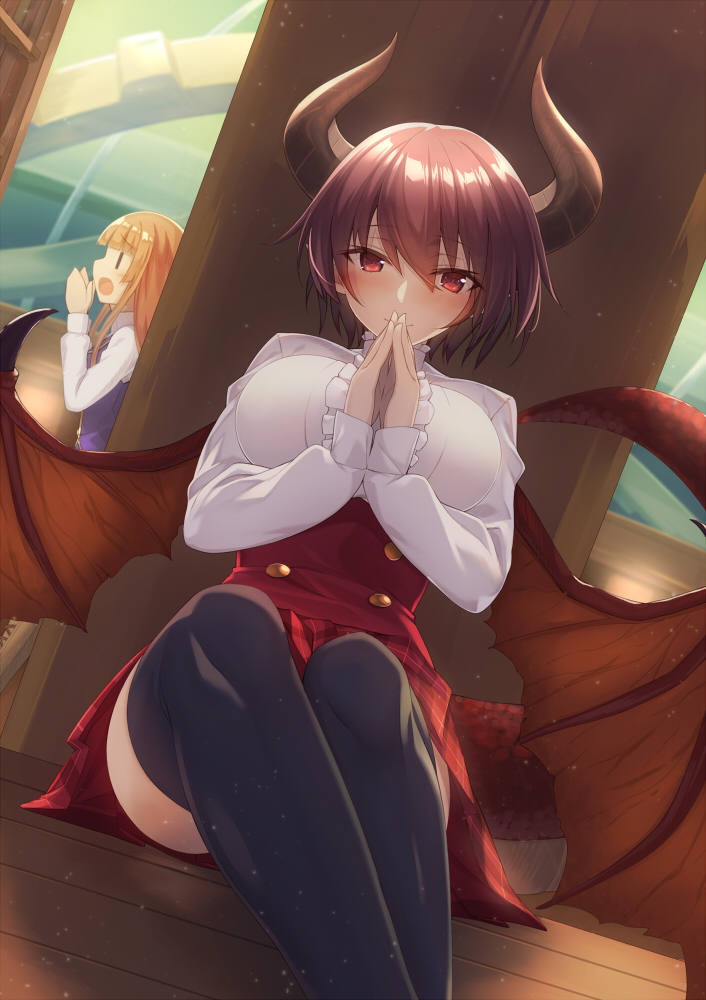 2girls :o anne_(shingeki_no_bahamut) bangs black_legwear blonde_hair blue_vest blunt_bangs blush breasts brown_hair brown_wings center_frills closed_mouth commentary_request dragon_girl dragon_horns dragon_tail dragon_wings dutch_angle eyebrows_visible_through_hair frills grea_(shingeki_no_bahamut) hair_between_eyes hands_together hands_up high-waist_skirt horns large_breasts manaria_friends multiple_girls open_mouth own_hands_together plaid plaid_skirt pleated_skirt pointy_ears red_eyes red_skirt shingeki_no_bahamut shirt sitting skirt smile solo_focus tail thigh-highs vest white_shirt wings yukichin |_|