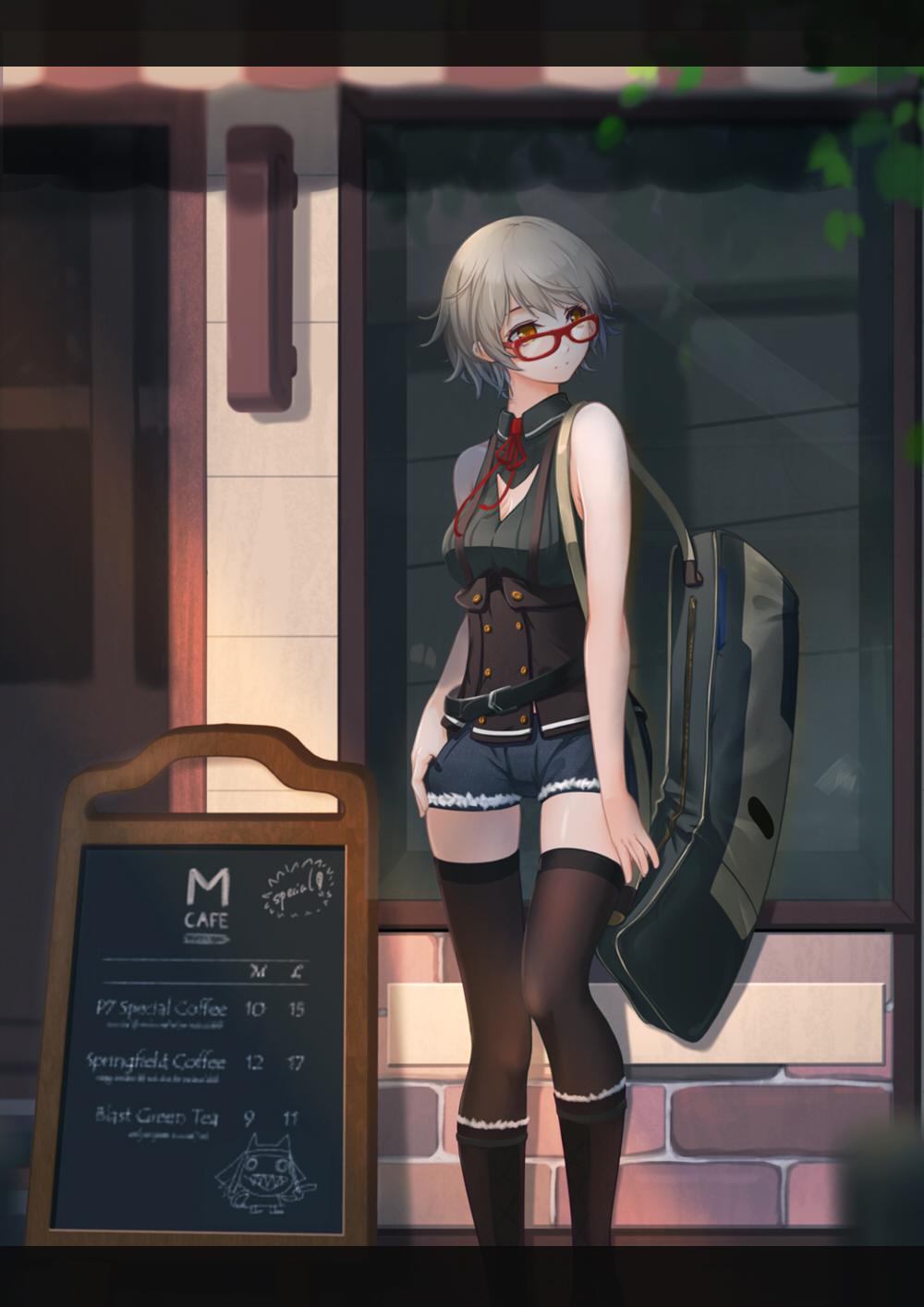 1girl alternate_costume bag belt cafe chalkboard_sign chinese_commentary cleavage_cutout commentary_request door drawing duffel_bag english_text girls_frontline glasses highres lancefate menu_board p7_(girls_frontline) short_shorts shorts sleeveless solo thigh-highs vector_(girls_frontline) window