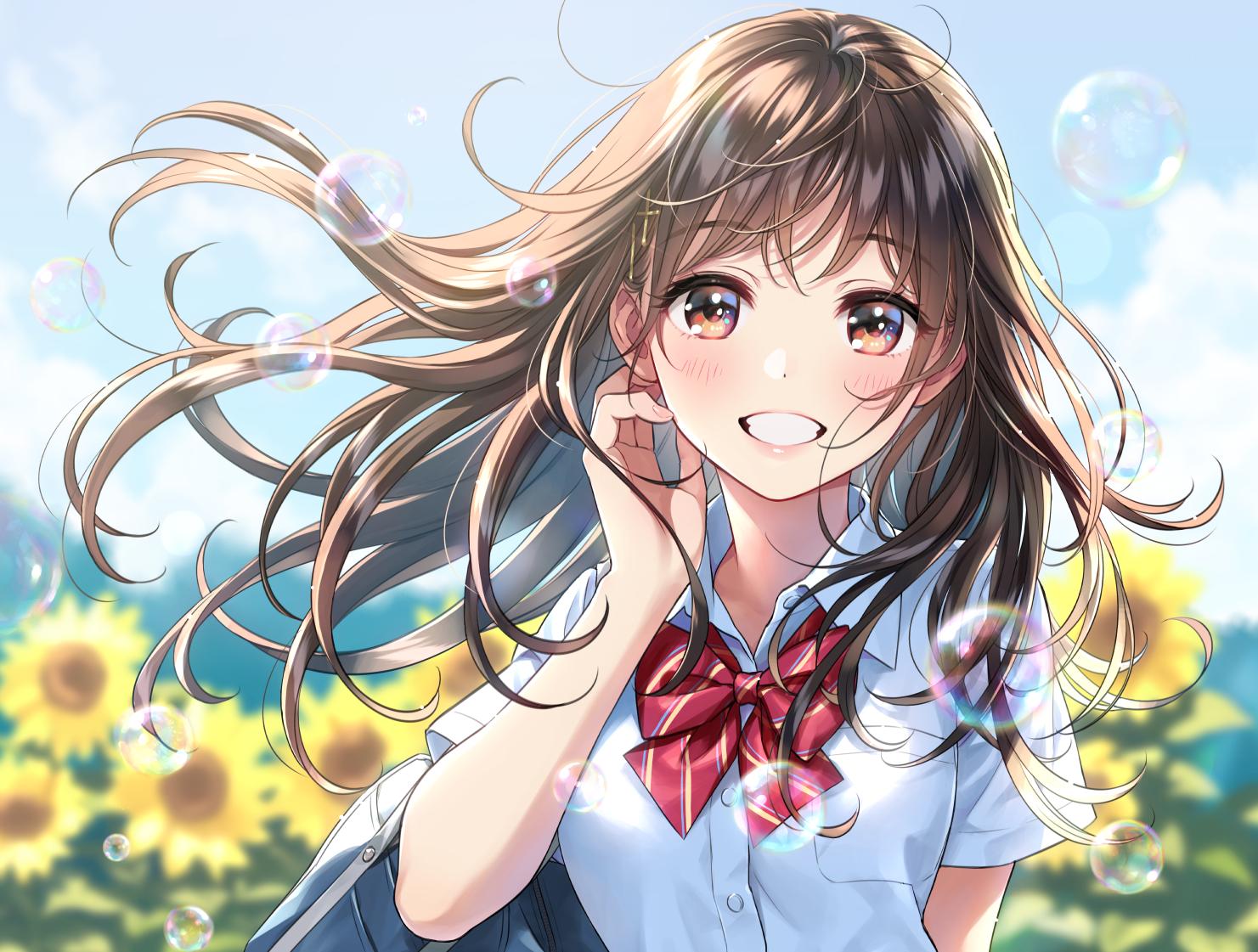 1girl :d arm_behind_back bag bangs blue_sky blurry blurry_background blush bow bowtie breast_pocket brown_eyes brown_hair collared_shirt commentary_request day depth_of_field dress_shirt eyebrows_visible_through_hair flower grin hair_ornament hairclip hand_up long_hair morikura_en open_mouth original outdoors pocket red_bow red_neckwear school_bag shirt sky smile soap_bubbles solo sunflower tareme teeth upper_body white_shirt wind wing_collar x_hair_ornament