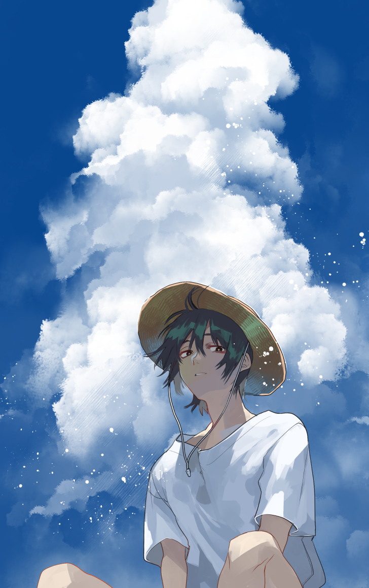 1boy black_eyes black_hair blue_sky bright_pupils chin_strap clouds day expressionless hat kyouichi looking_at_viewer male_focus original outdoors parted_lips shirt short_sleeves sitting sky solo straw_hat sun_hat t-shirt white_pupils white_shirt