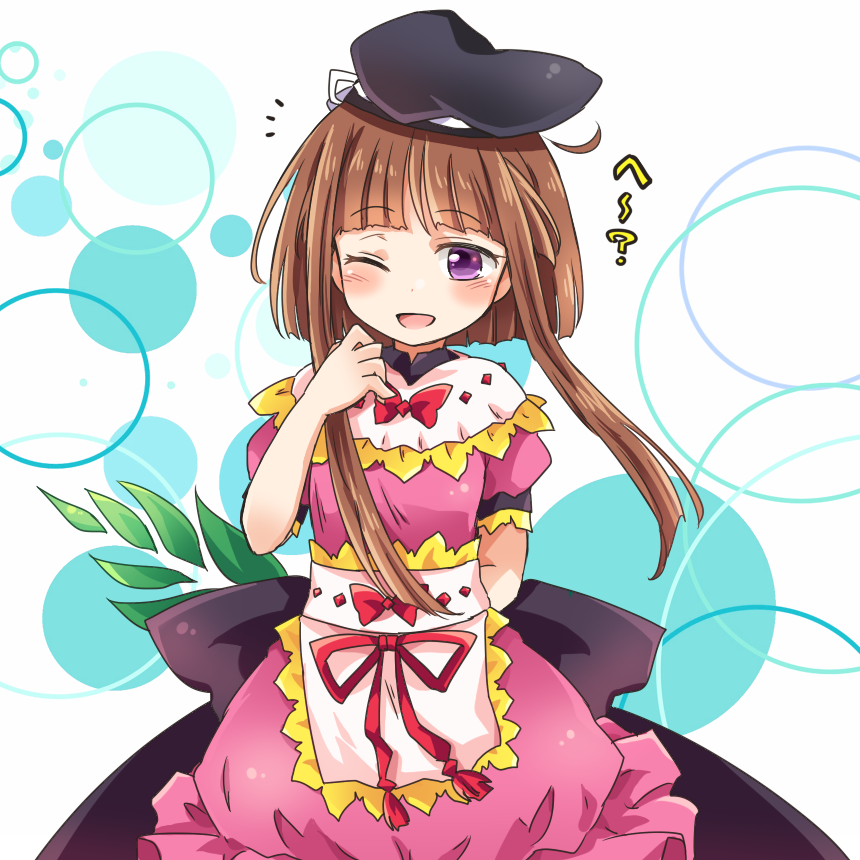 1girl ;d arm_behind_back bangs blunt_bangs brown_hair commentary_request dress eyebrows_visible_through_hair hat looking_at_viewer myouga_(plant) nishida_satono one_eye_closed open_mouth pink_dress pote_(ptkan) puffy_short_sleeves puffy_sleeves short_hair_with_long_locks short_sleeves smile solo tate_eboshi touhou violet_eyes