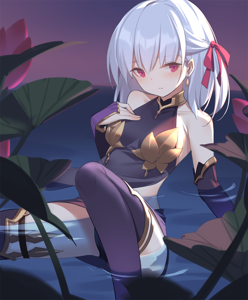 1girl bangs bare_shoulders black_dress blush bow breasts commentary_request dress earrings elbow_gloves eyebrows_visible_through_hair fate/grand_order fate_(series) fingerless_gloves gloves hair_between_eyes hair_bow hand_on_own_chest hand_up jewelry kama_(fate/grand_order) looking_at_viewer purple_gloves purple_legwear purple_skirt red_bow red_eyes shallow_water silver_hair sitting skirt sleeveless sleeveless_dress small_breasts solo thigh-highs water yura_(botyurara)