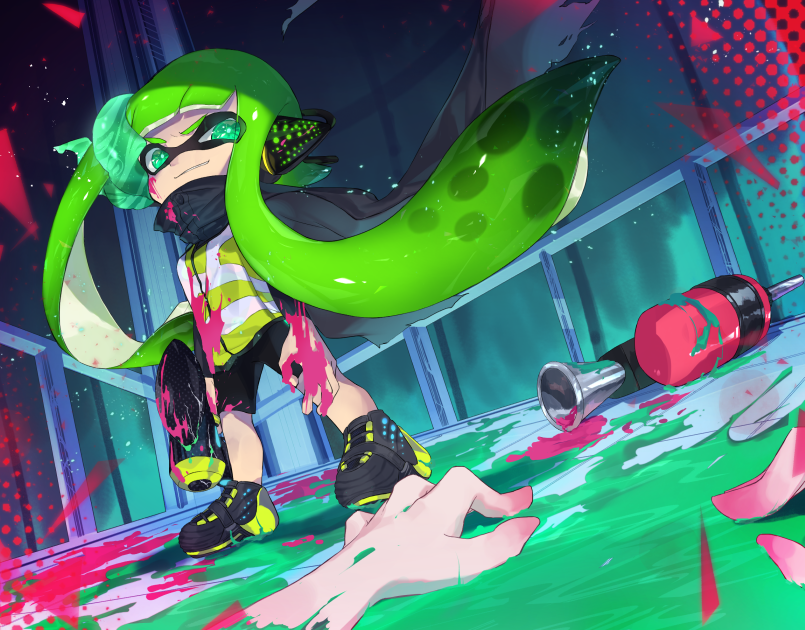 1girl amatcha bangs black_footwear black_shirt black_shorts blunt_bangs brainwashing commentary domino_mask dutch_angle evil_grin evil_smile green_hair grin headgear hero_shot_(splatoon) holding holding_weapon inkling light_particles long_sleeves mask octoshot_(splatoon) paint_splatter pov shirt shoes shorts smile solo_focus splatoon splatoon_(series) splatoon_2 splatoon_2:_octo_expansion squidbeak_splatoon tentacle_hair v-shaped_eyebrows vest weapon yellow_vest