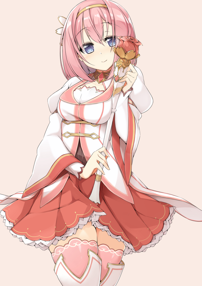 1girl bangs blue_eyes blush breasts brown_background brown_shirt closed_mouth eyebrows_visible_through_hair flower hair_between_eyes hairband holding holding_wand jacket juliet_sleeves kusano_yui long_hair long_sleeves medium_breasts pink_hair pink_legwear pleated_skirt princess_connect! princess_connect!_re:dive puffy_sleeves red_flower red_rose red_skirt rose sasakura shirt simple_background skirt sleeves_past_wrists smile solo thigh-highs wand white_jacket white_legwear wide_sleeves yellow_hairband