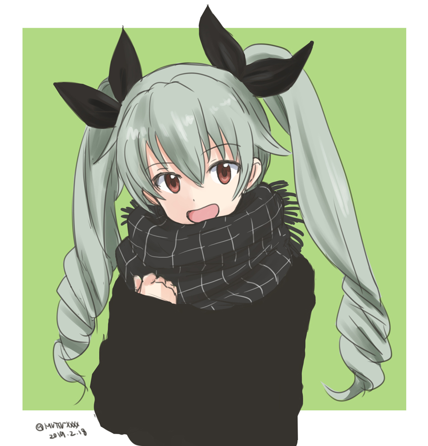 1girl :d anchovy bangs black_ribbon black_scarf black_sweater casual commentary dated drill_hair eyebrows_visible_through_hair fringe_trim girls_und_panzer green_background green_hair hair_ribbon head_tilt long_hair long_sleeves looking_at_viewer mutsu_(layergreen) open_mouth outside_border plaid plaid_scarf red_eyes ribbon scarf smile solo sweater twin_drills twintails twitter_username upper_body