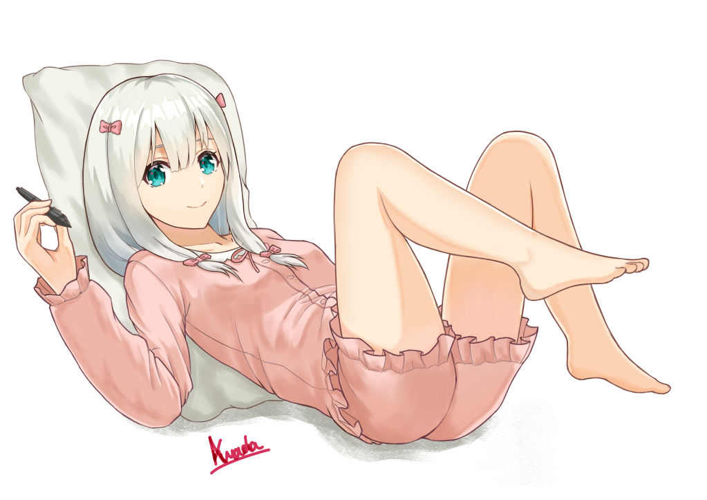 1girl asurada_yui barefoot blue_eyes bow dress_shirt eromanga_sensei feet frilled_shorts frills hair_between_eyes hair_bow hair_over_shoulder holding holding_pen izumi_sagiri long_hair long_sleeves looking_at_viewer lying neck_ribbon on_back pen pillow pink_bow pink_ribbon pink_shirt pink_shorts ribbon shirt short_shorts shorts silver_hair simple_background smile solo white_background