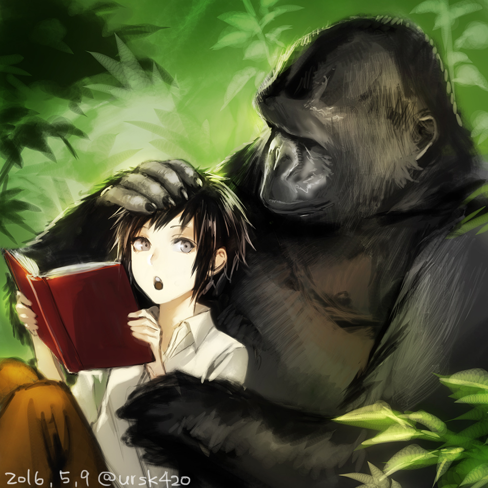 1girl androgynous black_hair book brown_pants collared_shirt dated day gorilla grey_eyes holding holding_book open_book original outdoors pants plant shirt short_hair sidelocks signature sitting uraki_(tetsu420) white_shirt