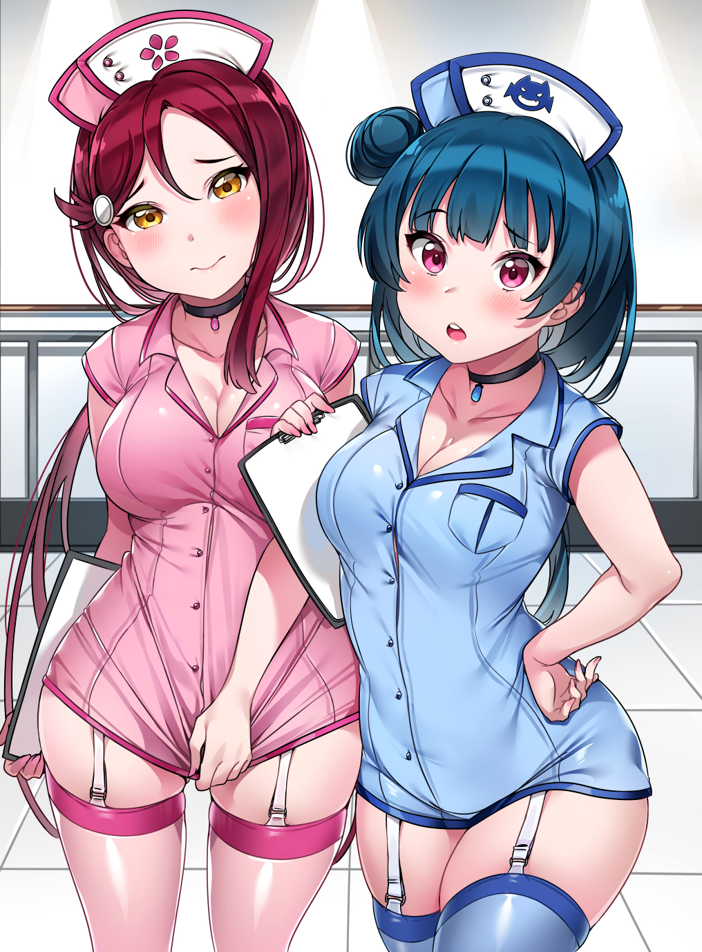 2girls 3: bangs black_choker blue_dress blue_hair blue_legwear blush breasts brown_eyes choker cleavage clipboard closed_mouth cowboy_shot dress dress_tug eyebrows_visible_through_hair fingernails garter_belt garter_straps hair_between_eyes hair_bun hand_on_hip hat head_tilt highres holding large_breasts long_hair looking_at_viewer love_live! love_live!_sunshine!! low_ponytail medium_breasts multiple_girls nail_polish nurse nurse_cap open_mouth pink_dress pink_eyes pink_legwear pink_nails red_eyes redhead sakurauchi_riko short_dress side_bun single_sidelock skindentation standing tem10 thigh-highs tsushima_yoshiko upper_teeth very_long_hair white_headwear yellow_eyes