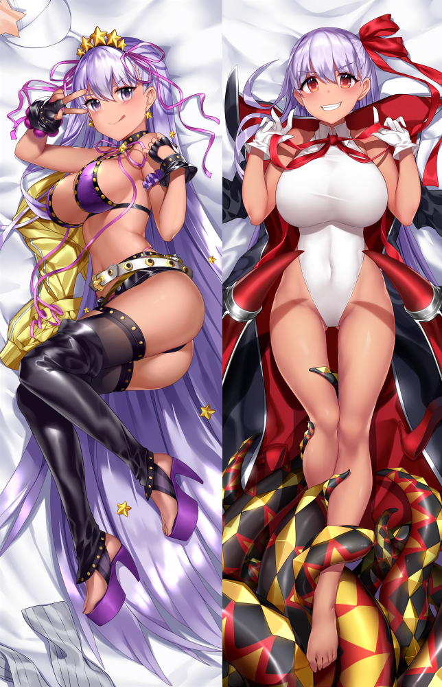 1girl ass bangs bare_shoulders barefoot baseball_cap bat_wings bb_(fate)_(all) bb_(swimsuit_mooncancer)_(fate) belt bikini black_coat black_garter_belt black_gloves black_legwear black_shorts blush breasts dakimakura fate/extra fate/extra_ccc fate/grand_order fate_(series) feet fingerless_gloves gendo0032 gloves grin gyaru hair_ribbon hat hat_removed headwear_removed high_heels highleg highleg_leotard jacket jacket_removed large_breasts leotard licking_lips long_hair looking_at_viewer neck_ribbon popped_collar purple_bikini purple_hair purple_ribbon red_ribbon ribbon short_shorts shorts smile studded_garter_belt swimsuit tan tentacle thigh-highs thighs tiara tongue tongue_out vampire_costume very_long_hair violet_eyes white_belt white_gloves white_leotard wings yellow_jacket