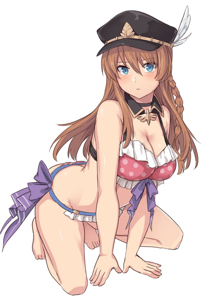 1girl all_fours arched_back bangs bare_arms bare_shoulders barefoot bikini black_choker black_headwear blue_eyes blush braid breasts brown_hair choker cleavage closed_mouth detached_collar eyebrows_visible_through_hair feathers frilled_bikini frills full_body granblue_fantasy hat_feather large_breasts lecia_(granblue_fantasy) long_hair looking_at_viewer pink_bikini polka_dot polka_dot_bikini purple_ribbon ribbon shiseki_hirame side_braid simple_background solo swimsuit white_background