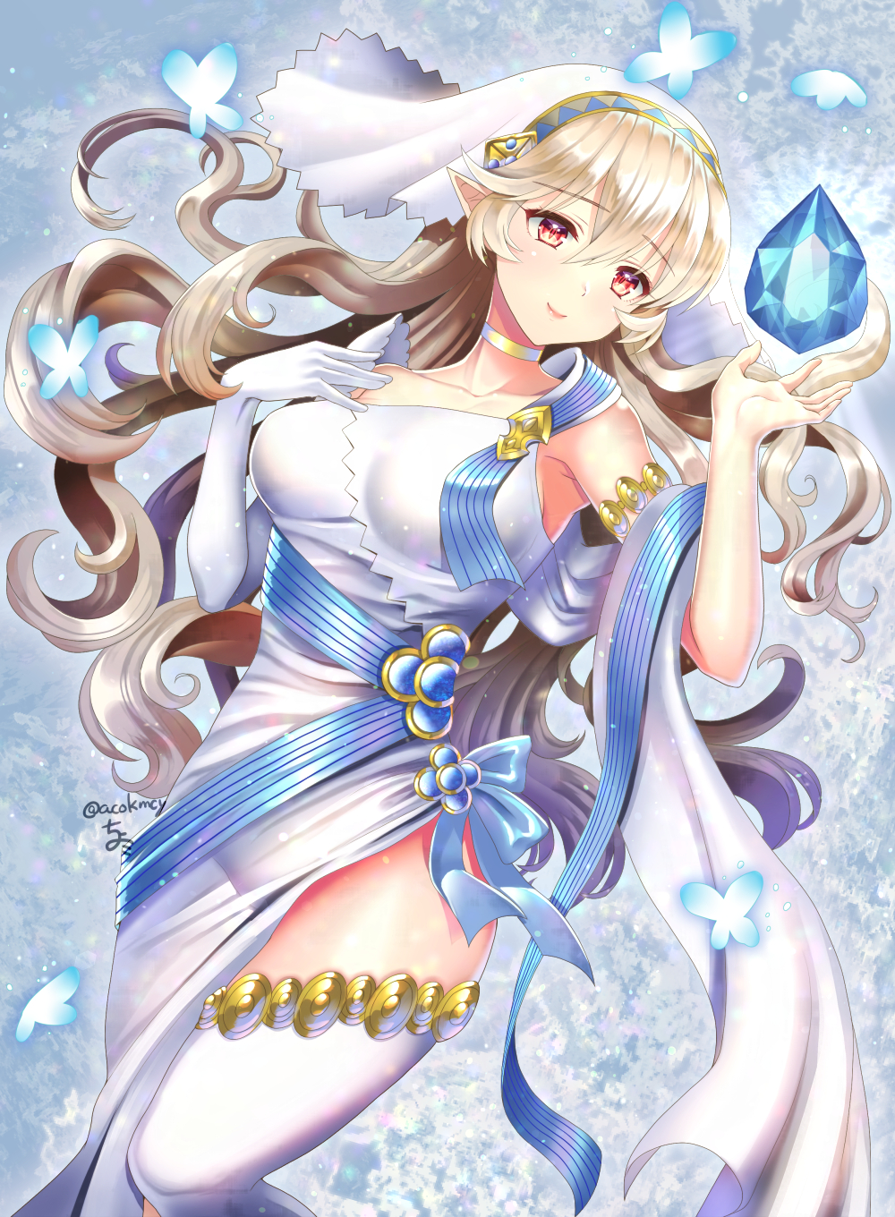 1girl bug butterfly choker closed_mouth dress female_my_unit_(fire_emblem_if) fire_emblem fire_emblem_heroes fire_emblem_if gloves highres insect kumehara_chiyota long_hair my_unit_(fire_emblem_if) nintendo pointy_ears red_eyes smile solo stone twitter_username veil white_dress white_gloves white_hair