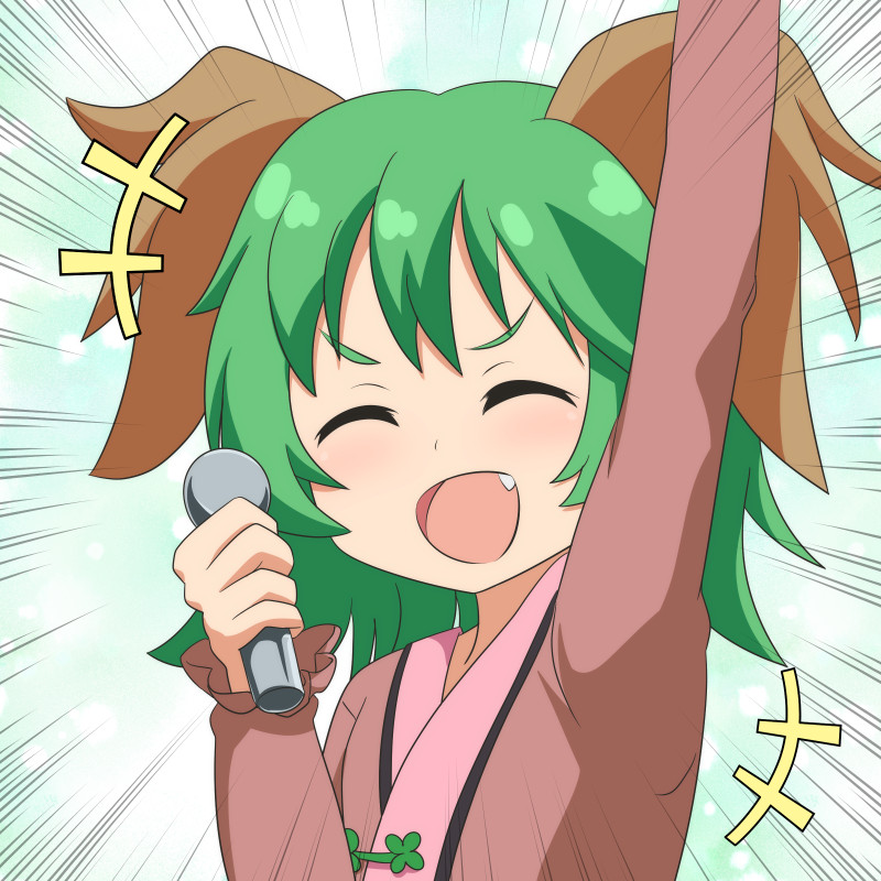 1girl :d ^_^ animal_ears aqua_background arm_up bangs blush brown_dress cato_(monocatienus) closed_eyes closed_eyes commentary_request dress emphasis_lines facing_viewer fang green_hair hand_up holding holding_microphone kasodani_kyouko long_sleeves microphone open_mouth smile solo touhou upper_body