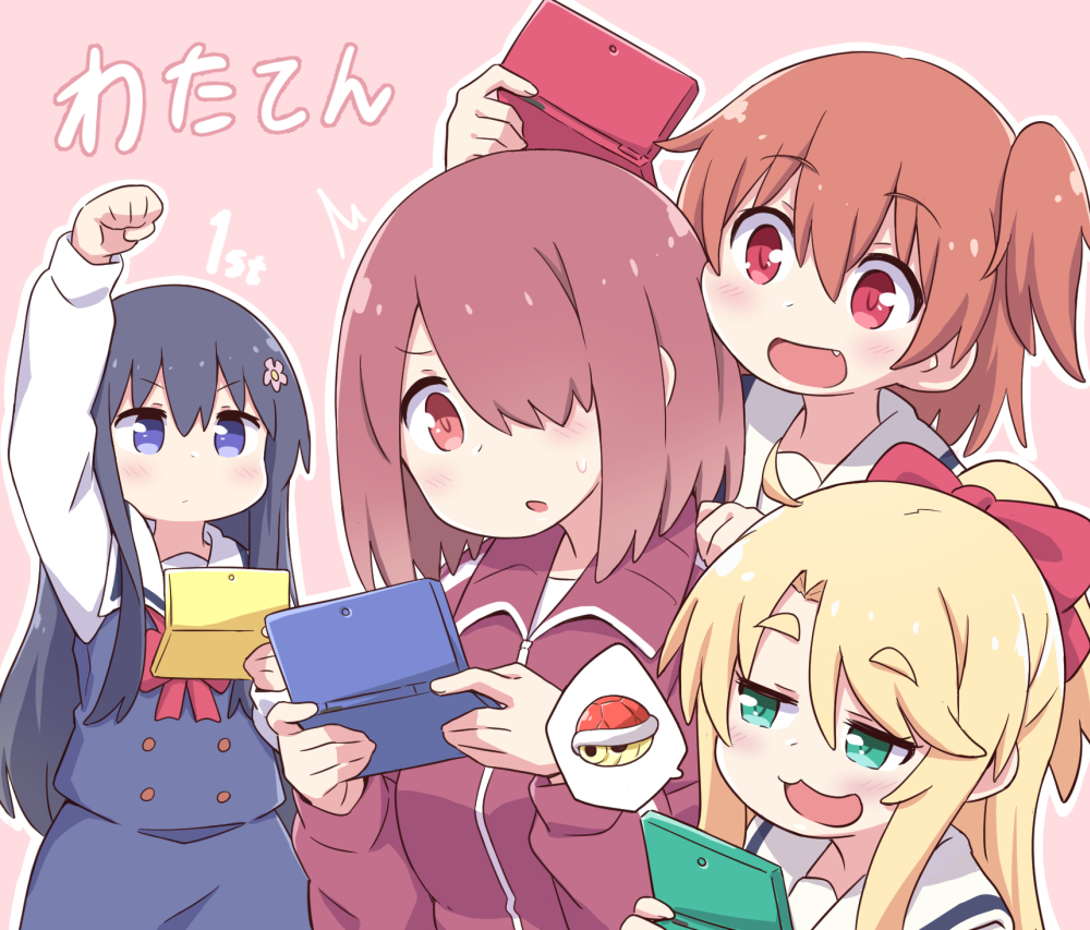 4girls :3 black_hair blonde_hair blue_eyes bow brown_hair copyright_name eyebrows_visible_through_hair fang flower green_eyes hair_bow hair_flower hair_ornament hair_over_one_eye handheld_game_console himesaka_noa holding hoshino_hinata hoshino_miyako_(wataten) jacket koopa_troopa long_hair mario_kart multiple_girls nintendo_3ds orange_eyes orange_hair playing_games red_eyes school_uniform shirosaki_hana short_hair siblings side_ponytail simple_background sisters smug spoken_object sweatdrop track_jacket track_suit vincent_(hiyakuen) watashi_ni_tenshi_ga_maiorita!