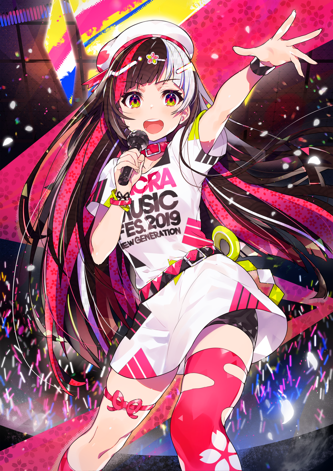 1girl :d arm_up bangs belt belt_buckle bike_shorts black_shorts blush brown_hair buckle clothes_writing collar commentary_request dress eyebrows_visible_through_hair glowstick green_eyes hair_ornament hairclip highres holding holding_microphone long_hair looking_at_viewer microphone mika_pikazo multicolored multicolored_eyes multicolored_hair music official_art open_mouth outstretched_arm pink_eyes pink_hair pink_legwear pink_ribbon ribbon round_teeth sacra-chan sacra_music short_sleeves shorts singing single_thighhigh smile solo spread_fingers straight_hair teeth thigh-highs thigh_strap upper_teeth very_long_hair violet_eyes white_dress white_hair white_headwear wristband