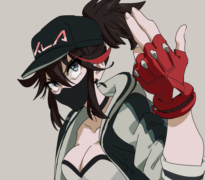 1girl baseball_cap black_choker black_headwear black_jacket black_mask_(clothing) breasts brown_hair choker cleavage collarbone cosplay eyebrows_visible_through_hair eyes_visible_through_hair female fingerless_gloves gloves grey_background grey_eyes grey_jacket gyosone hair_between_eyes half_mask hand_up hat jacket k/da_(league_of_legends) k/da_(league_of_legends)_(cosplay) k/da_akali_(cosplay) kill_la_kill league_of_legends mask matoi_ryuuko medium_breasts multicolored multicolored_clothes multicolored_jacket neck open_clothes open_jacket ponytail red_gloves redhead serious short_hair simple_background sleeves_rolled_up solo strapless tied_hair two-tone_hair upper_body