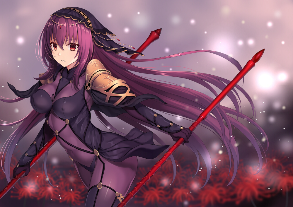 1girl bangs blush bodysuit breasts covered_navel dual_wielding eyebrows_visible_through_hair fate/grand_order fate_(series) floating_hair gae_bolg hair_between_eyes harimoji holding large_breasts light_particles long_hair looking_at_viewer parted_lips pauldrons polearm purple_bodysuit purple_hair red_eyes scathach_(fate)_(all) scathach_(fate/grand_order) smile solo spear veil very_long_hair walking weapon