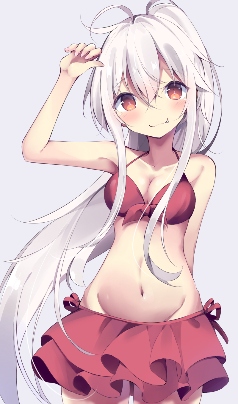 1girl :3 ahoge arm_up bangs bare_arms bare_shoulders bikini blush breasts brown_eyes chiya_(urara_meirochou) cleavage closed_mouth collarbone commentary_request cowboy_shot eyebrows_visible_through_hair fang fang_out fingernails grey_background groin hair_between_eyes head_tilt high_ponytail highres kyuukon_(qkonsan) long_hair medium_breasts nail_polish navel pink_nails ponytail red_bikini silver_hair simple_background solo swimsuit urara_meirochou very_long_hair