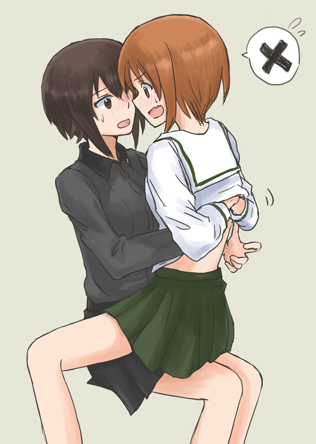 2girls bangs black_skirt blush brown_eyes brown_hair comic cowboy_shot dress_shirt eyebrows_visible_through_hair flying_sweatdrops frown girls_und_panzer grey_background grey_shirt hands_on_another's_back hug incest insignia invisible_chair kuromorimine_school_uniform long_sleeves looking_at_another miniskirt motion_lines multiple_girls mutsu_(layergreen) nishizumi_maho nishizumi_miho on_lap open_mouth pleated_skirt school_uniform shirt short_hair siblings silent_comic simple_background sisters sitting skirt spoken_x straddling yuri