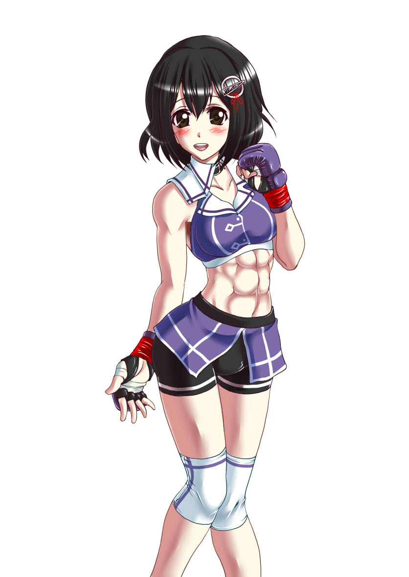 1girl abs adapted_costume bike_shorts black_hair brown_eyes eyebrows_visible_through_hair fingerless_gloves gloves haguro_(kantai_collection) hair_ornament kantai_collection looking_at_viewer midriff mma_gloves navel rigid rigidsteed short_hair shorts simple_background sports_bra