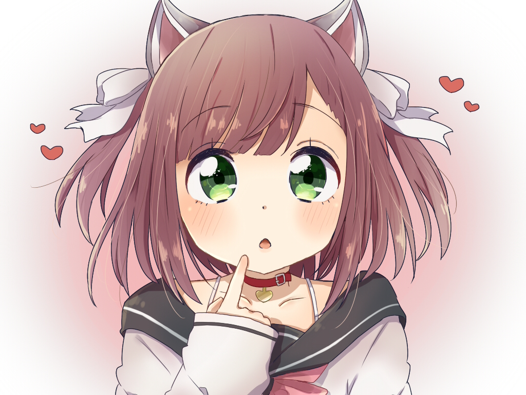 1girl animal_ears azur_lane blush brown_hair collar collarbone commentary_request dog_ears green_eyes hair_ribbon heart looking_at_viewer open_mouth pointing pointing_at_self portrait ren_kun ribbon school_uniform shiratsuyu_(azur_lane) short_hair simple_background spoken_heart white_background