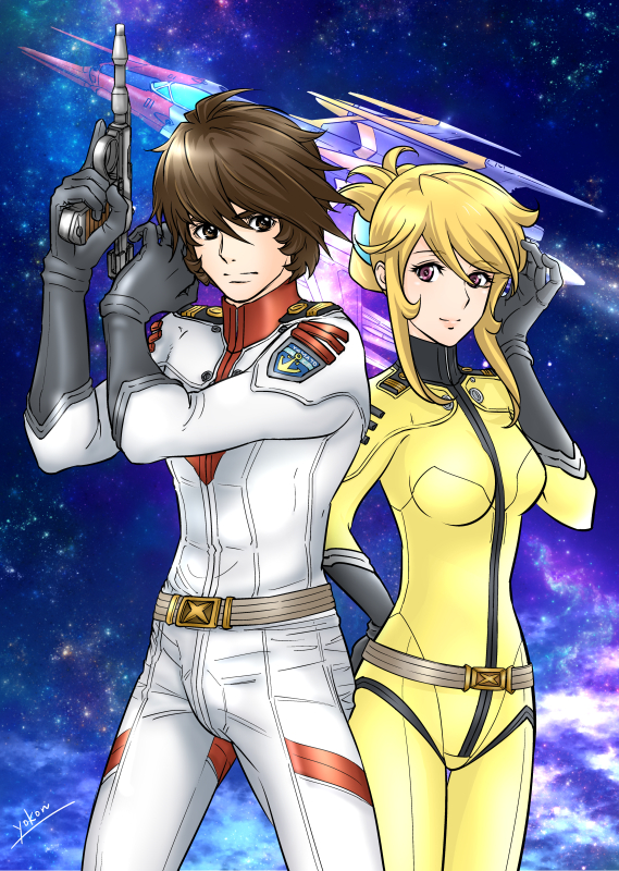 1boy 1girl black_gloves blonde_hair bodysuit breasts brown_eyes brown_hair cowboy_shot eyebrows_visible_through_hair gloves gun hair_between_eyes hand_in_hair holding holding_gun holding_weapon kodai_susumu looking_at_viewer medium_breasts mori_yuki short_hair_with_long_locks sidelocks signature smile standing thigh_gap tied_hair uchuu_senkan_yamato uchuu_senkan_yamato_2199 violet_eyes weapon white_bodysuit yellow_bodysuit yokon2199