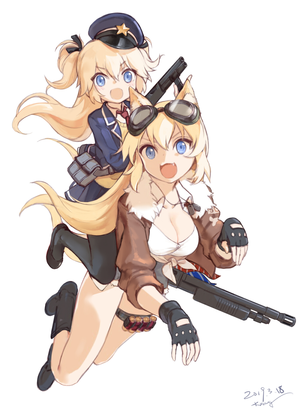 2girls animal_ears artist_name black_gloves black_legwear blonde_hair blue_eyes blue_skirt breasts cleavage collarbone dated dog_ears dog_tags eyebrows_visible_through_hair fang fingerless_gloves girls_frontline gloves goggles goggles_on_head gun hair_ribbon hat highres holding holding_gun holding_weapon jacket kisetsu large_breasts long_hair long_sleeves mossberg_500 mossberg_500_(girls_frontline) multiple_girls necktie open_clothes open_jacket open_mouth pantyhose peaked_cap pleated_skirt police_hat red_neckwear ribbon riding serbu_super-shorty shirt shorts shotgun signature simple_background skirt smile super_shorty_(girls_frontline) tied_shirt two_side_up weapon white_background white_shirt