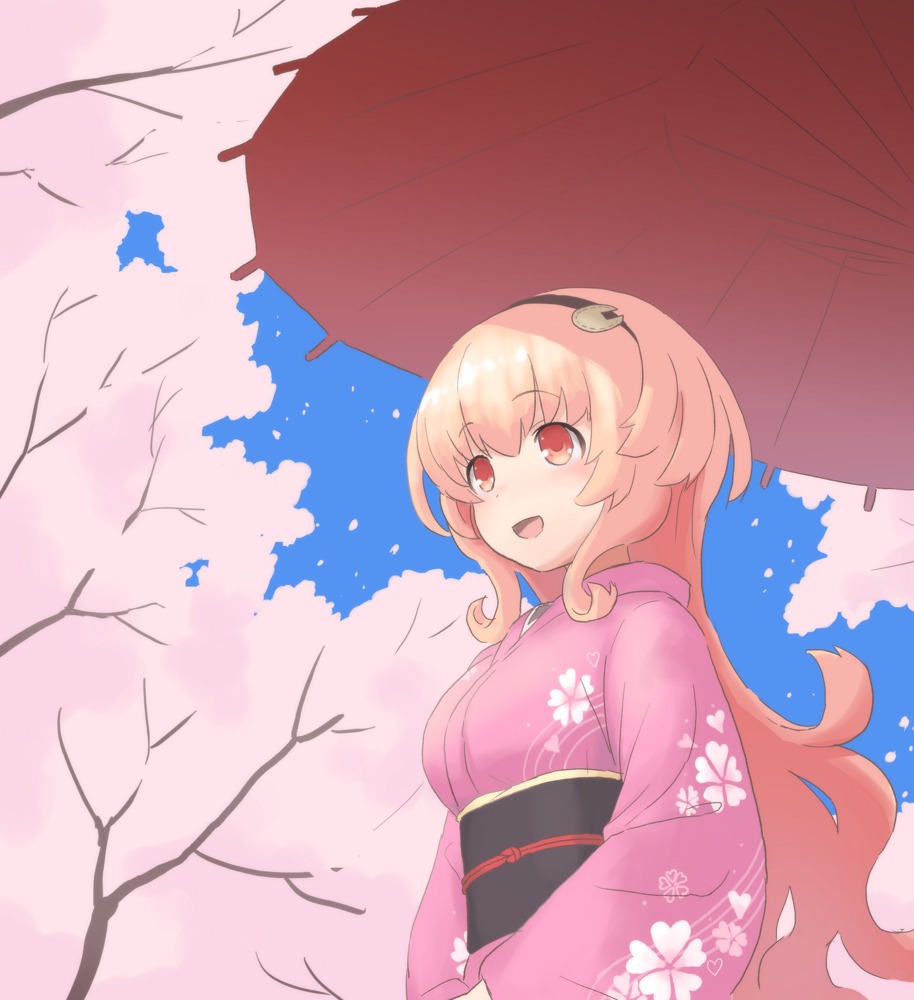 blonde_hair cherry_blossoms choujigen_game_neptune compa drawfag hair_ornament hairband japanese_clothes kimono long_hair neptune_(series) orange_eyes sky smile