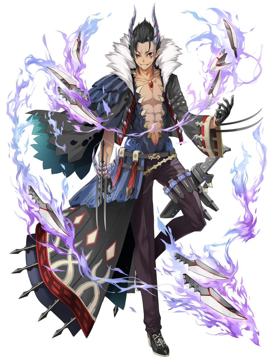 1boy abs belt black_footwear black_gloves black_hair black_pants blade claw_(weapon) gem gloves grin highres horns kingdom_of_legion knife looking_at_viewer male_focus official_art pants red_eyes simple_background smile solo spiky_hair standing standing_on_one_leg teeth tyone weapon white_background wide_sleeves