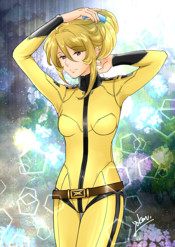 1girl arm_up blonde_hair bodysuit breasts brown_eyes cowboy_shot hair_between_eyes long_hair mori_yuki signature small_breasts solo standing thigh_gap tying_hair uchuu_senkan_yamato uchuu_senkan_yamato_2199 yellow_bodysuit yokon2199