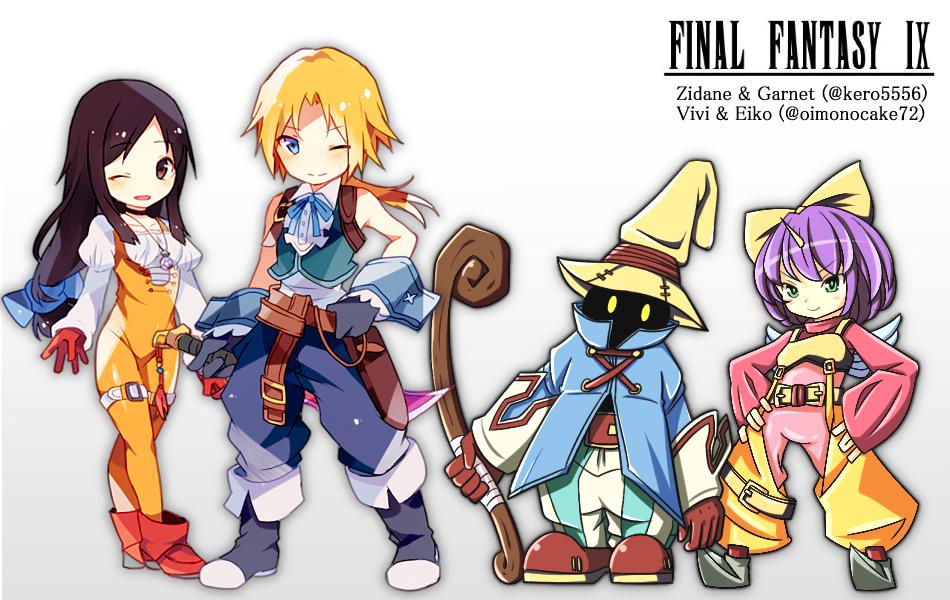 amano_kenpi belt black_hair blonde_hair blue_eyes blush bodysuit bow breasts brown_eyes choker closed_mouth commentary_request eiko_carol final_fantasy final_fantasy_ix garnet_til_alexandros_xvii gloves green_eyes groin hair_bow hat horn jewelry long_hair looking_at_viewer low-tied_long_hair multiple_boys multiple_girls necklace one_eye_closed open_mouth orange_bodysuit red_gloves ribbon short_hair simple_background smile tail thigh_strap vivi_ornitier wings yellow_bow zidane_tribal