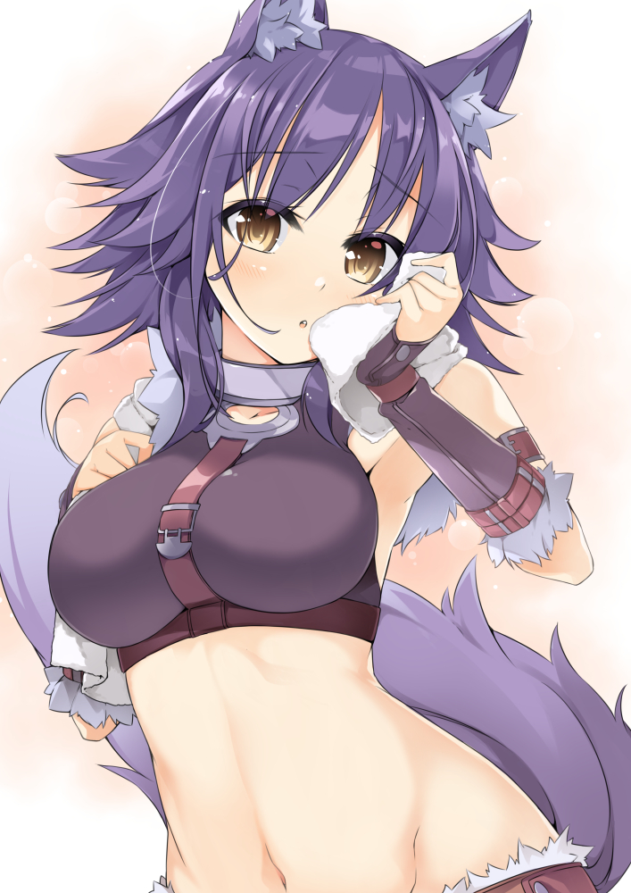 1girl :o aki_makoto animal_ear_fluff animal_ears bangs bare_shoulders black_shirt blush breasts brown_eyes crop_top detached_sleeves eyebrows_visible_through_hair fur-trimmed_sleeves fur_trim groin head_tilt holding holding_towel long_sleeves looking_at_viewer medium_breasts navel parted_lips princess_connect! princess_connect!_re:dive purple_hair sasakura shirt sleeveless sleeveless_shirt sleeves_past_wrists solo tail tail_raised towel towel_around_neck upper_body upper_teeth wolf_ears wolf_girl wolf_tail