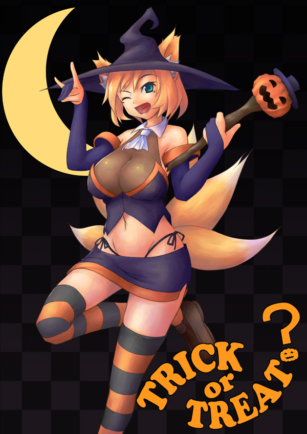 1girl animal_ears aqua_eyes blonde_hair breasts checkered checkered_background cleavage fox_ears fox_tail halloween hat jack-o'-lantern kanatsuki_tatsuya large_breasts moon navel one_eye_closed original panties short_hair smile solo striped striped_legwear tail thigh-highs trick_or_treat underwear witch_hat