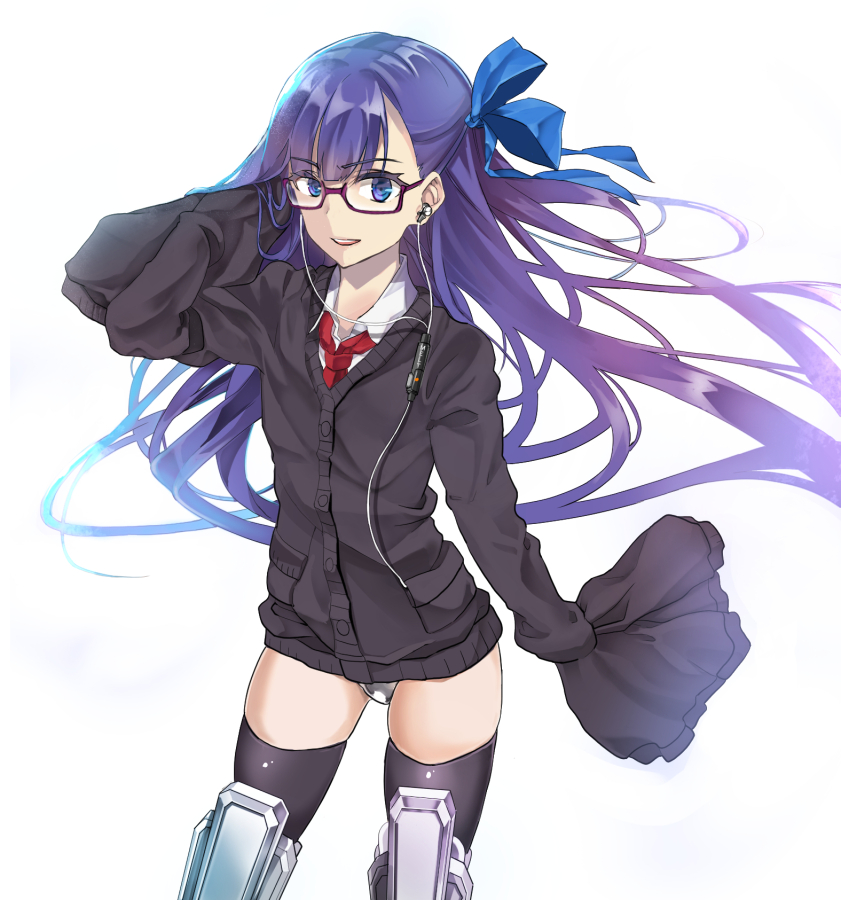 1girl bangs black_cardigan black_legwear blue_eyes blue_ribbon collared_shirt earphones eyebrows_visible_through_hair fate/extra fate/extra_ccc fate_(series) floating_hair glasses grey_panties hair_ribbon hand_in_hair long_hair looking_at_viewer meltlilith necktie panties purple-framed_eyewear purple_hair red_neckwear ribbon shiny shiny_hair shirt simple_background sleeves_past_fingers sleeves_past_wrists solo standing thigh-highs underwear very_long_hair white_background white_shirt wide_sleeves wing_collar yuge_(yuge_bakuhatsu)
