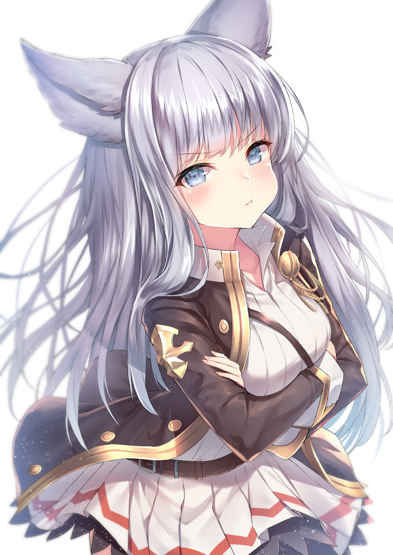 1girl animal_ears bangs belt blue_eyes blush breasts cleavage collarbone collared_dress crossed_arms dress erune eyebrows_visible_through_hair granblue_fantasy hair_ornament jacket korwa large_breasts light_particles long_hair looking_at_viewer open_clothes open_jacket pout sidelocks silver_hair simple_background solo strap topia
