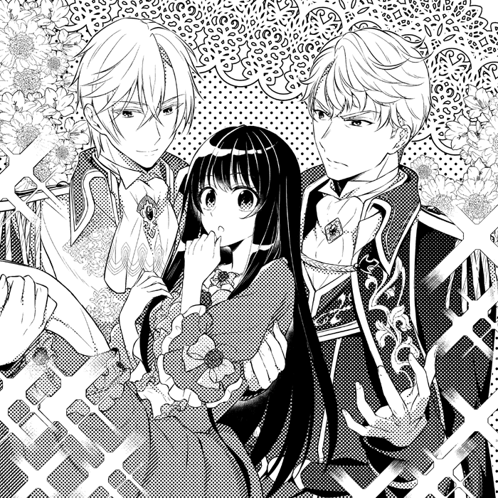 &gt;:( 1girl 2boys black_hair bow carrying chestnut_mouth copyright_request cover cover_page dotted_background dress flower hand_up hetero long_sleeves looking_at_viewer monochrome multiple_boys nina_(pastime) novel_cover novel_illustration official_art princess_carry sparkle white_hair white_legwear